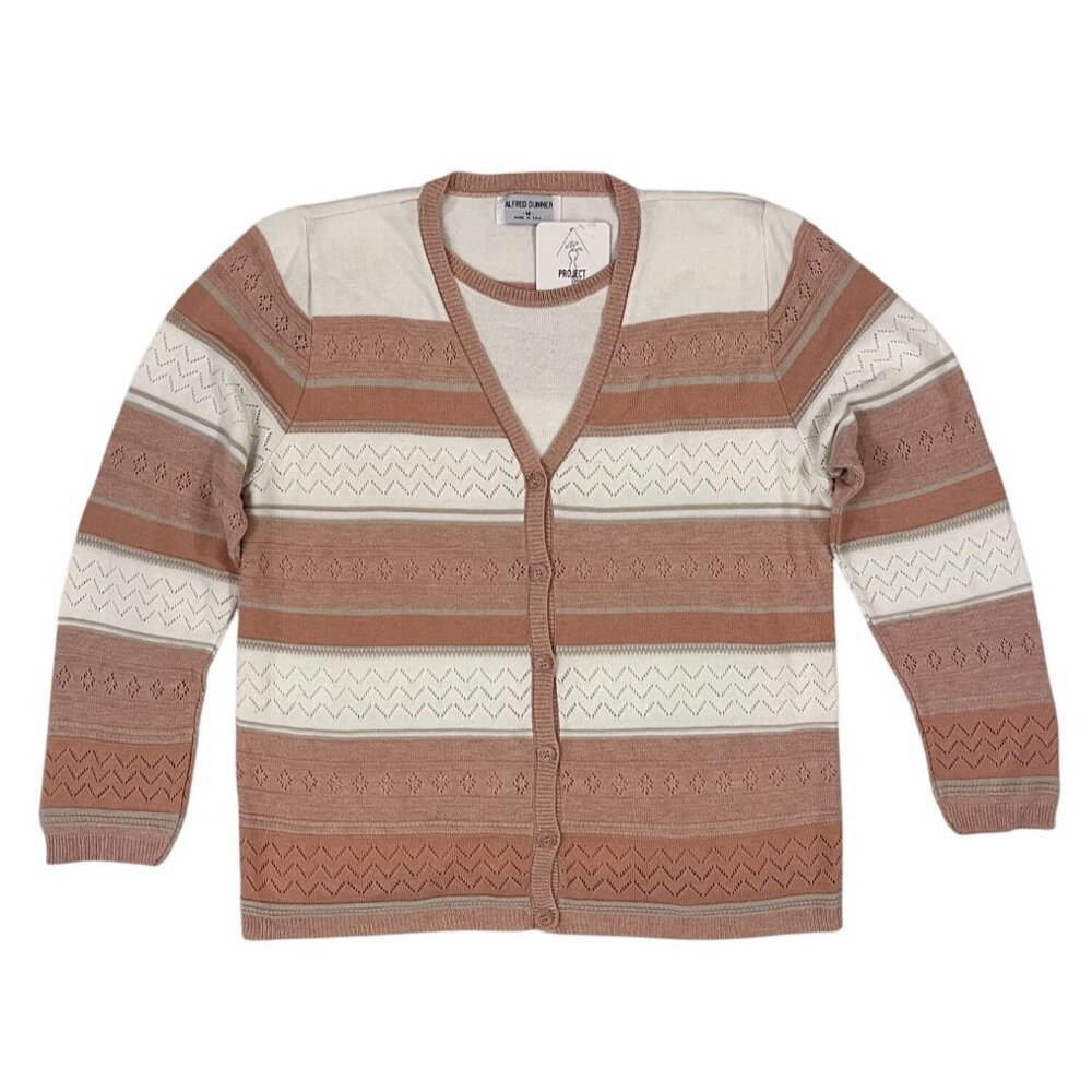 Vintage 90s Striped Pointelle Knit Cardigan M Blush Cream Button Sweater